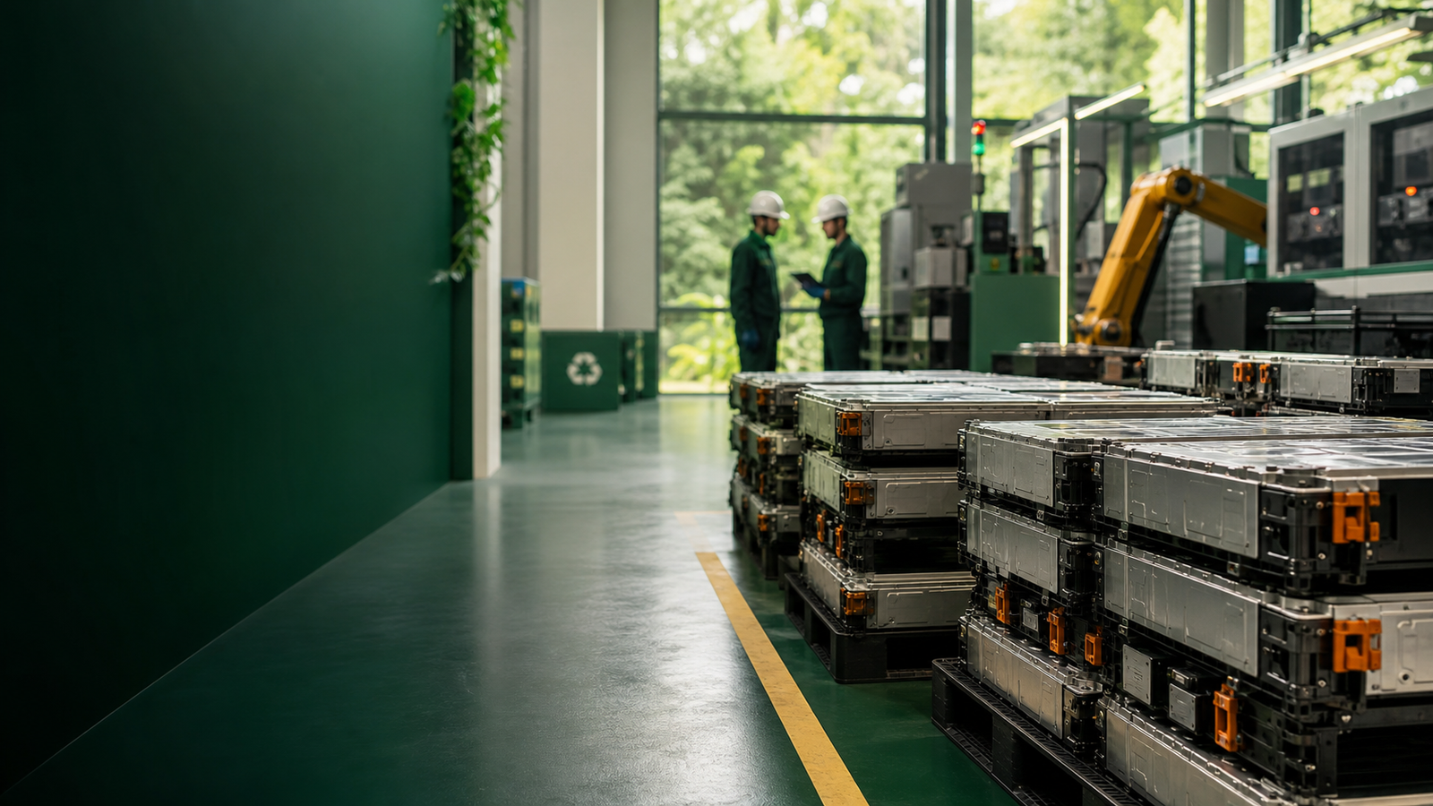 EV battery packs being responsibly processed at a modern recycling facility